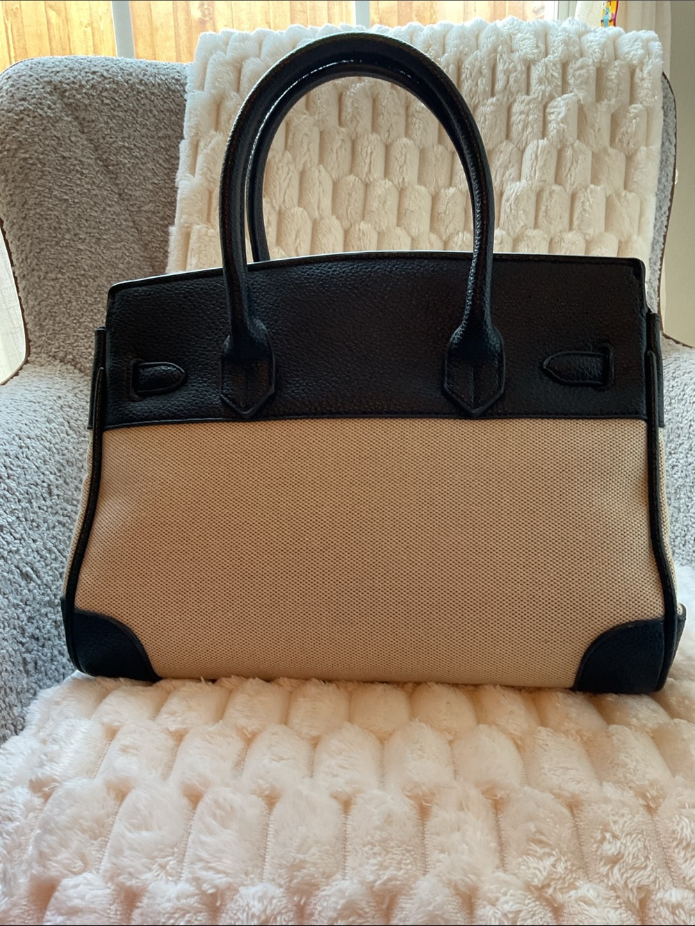 Canvas and Black Leather Top-Handle Satchel with Gold Hardware - Picture 5 of 9